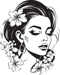 Woman’s Profile with Flower Garland Vector Black Design Icon Feminine Face Framed by Petal Highlights Black Vector Logo
