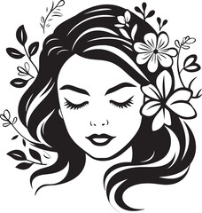 Woman’s Face with Artistic Botanical Crown Black Vector Art Woman’s Profile with Flower Garland Vector Black Design Icon