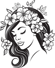 Feminine Face Framed by Petal Highlights Black Vector Logo Woman’s Face Adorned with Artistic Floral Motif Vector Black Design