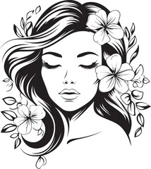 Woman’s Face Adorned with Artistic Floral Motif Vector Black Design Woman’s Face Surrounded by Stylish Botanical Details Black Vector Icon