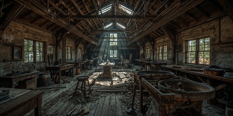 Interior view of an old abandoned workshop with tools and equipment in disrepair and natural light