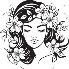 Woman Face Surrounded by Flowers Vector Black Icon Floral Woman Face Vector Black Logo with Elegance