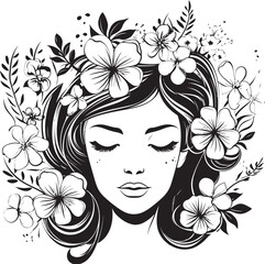Black Vector Logo of Woman Face with Flower Outline Woman Face Crafted from Floral Patterns Vector Icon