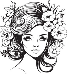 Woman Face Vector Black Logo with Flower Details Vector Logo of Woman Face with Floral Decoration