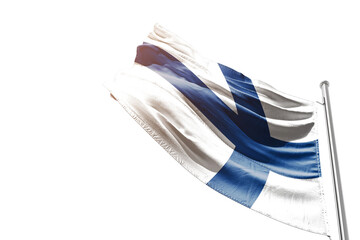 Obraz premium Finland national flag waving on white background with cutout path. A flag with mast on isolated background with clipping mask. Finland national flag for independence day.
