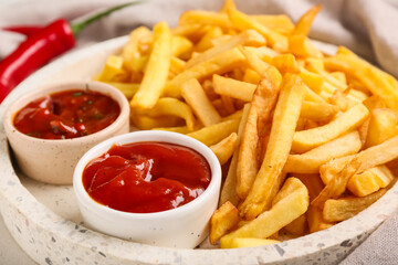 Plate with tasty french fries and bowls of ketchup on napkin, closeup