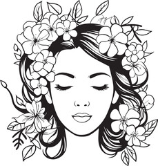 Black Vector Logo of Woman Face and Flower Decor Woman Face Surrounded by Flowers Vector Black Logo