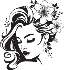Woman Face Surrounded by Flowers Vector Black Logo Floral Decor Woman Face Vector Black Design Icon