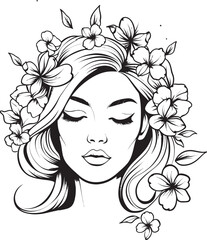 Vector Black Logo of Woman Face and Floral Design Woman Face with Decorative Flowers Vector Black Logo