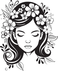 Woman Face with Detailed Flower Decor Vector Logo Woman Face Vector Black Logo with Floral Ornament