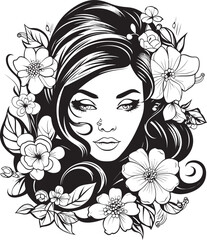 Floral Adorned Woman Face Vector Black Icon Design Woman Face with Flower Border Vector Black Logo