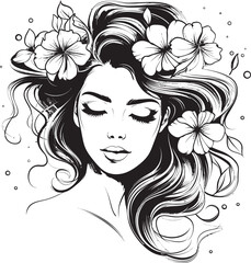 Woman Face with Flower Border Vector Black Logo Vector Black Icon of Woman Face with Floral Embellishment
