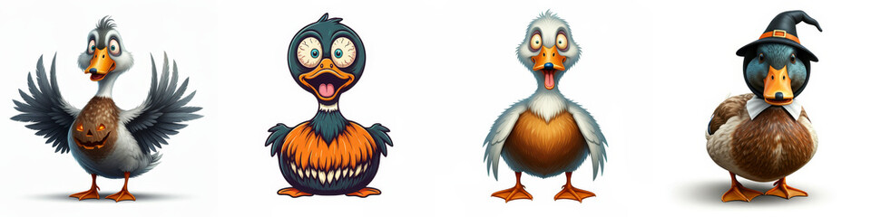 Four Funny Ducks Halloween Cartoon - A quartet of comical ducks in Halloween costumes. Symbolizing fun, festivity, autumn, creativity, and humor