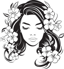 Woman Face with Flower Accents Vector Black Design Icon Black Vector Logo of Woman Face with Floral Trim