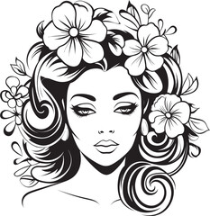 Vector Black Icon of Woman Face with Flower Adornments Woman Face with Floral Accents Vector Black Logo