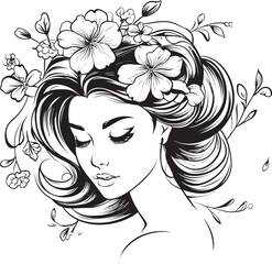 Vector Black Logo of Woman Face with Floral Highlights Woman Face with Artistic Flower Border Vector Icon