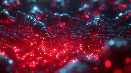 Macro view of nanobots repairing cellular tissue in glowing red biological fluid