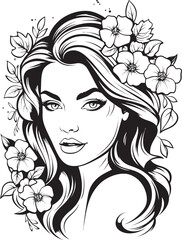 Woman Face with Flower Frame Vector Black Icon Vector Black Logo of Woman Face with Floral Trim