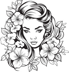 Woman Face with Flower Crown Vector Black Icon Vector Black Logo of Woman Face with Floral Highlights