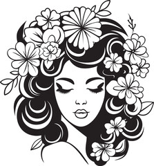 Vector Black Logo of Woman Face with Floral Highlights Woman Face with Artistic Flower Border Vector Icon