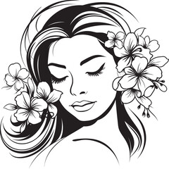 Black Vector Logo of Woman Face with Floral Embroidery Woman Face with Flower Frame Vector Black Icon