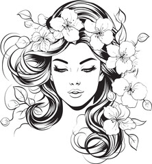 Woman Face with Flower Frame Vector Black Icon Vector Black Logo of Woman Face with Floral Trim