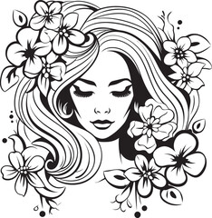 Floral Decorated Woman Face Vector Black Logo Woman Face with Flower Highlights Vector Black Icon