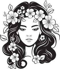Vector Black Logo of Woman Face with Flower Decoration Woman Face with Flower Embellishments Vector Black Icon