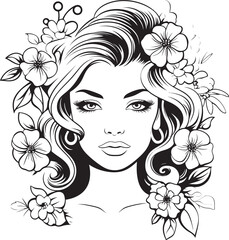 Artistic Woman Face with Flower Crown Vector Black Logo Black Design Logo of Woman Face with Delicate Flowers