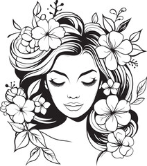 Feminine Face with Flower Decor Vector Black Logo Icon Woman Face with Decorative Blossoms Vector Logo Design
