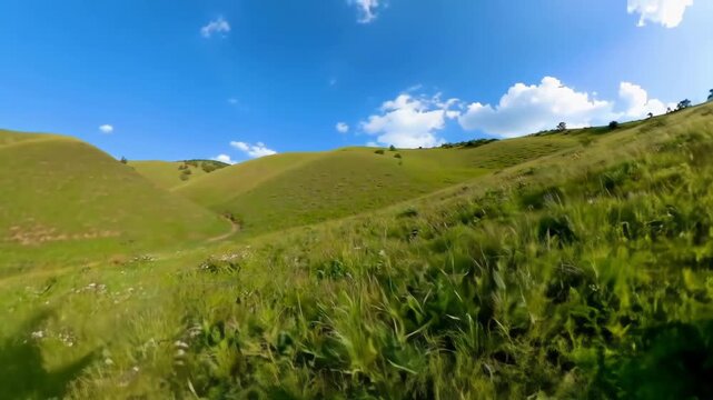 Rolling green hills under a bright blue summer sky and puffy clouds
