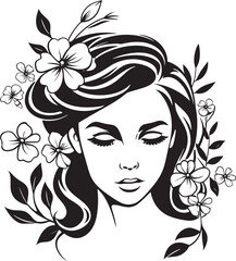 Black Vector Logo of Woman Face with Floral Frame Woman Face with Soft Flower Details Vector Black Icon