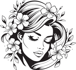 Woman Face with Soft Flower Details Vector Black Icon Artistic Woman Portrait with Floral Accents Vector Logo