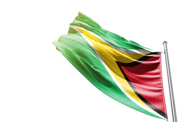 Guyana national flag waving on white background with cutout path. A flag with mast on isolated background with clipping mask. Guyana national flag for independence day.