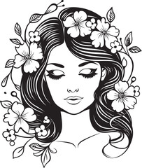 Feminine Face Surrounded by Floral Pattern Vector Icon Woman Face with Blossoming Flowers Vector Black Logo Icon