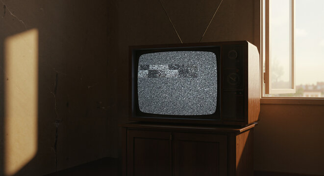 Vintage television displaying static in a sunlit empty room