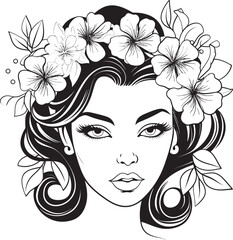 Woman Face with Blossoming Flowers Vector Black Logo Icon Black Design Logo of Woman Face with Flower Crown