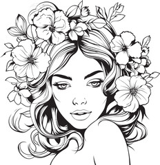 Woman Face with Petal Adornments Vector Black Icon Feminine Portrait with Flower Motif Vector Black Logo
