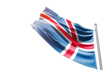 Iceland national flag waving on white background with cutout path. A flag with mast on isolated...