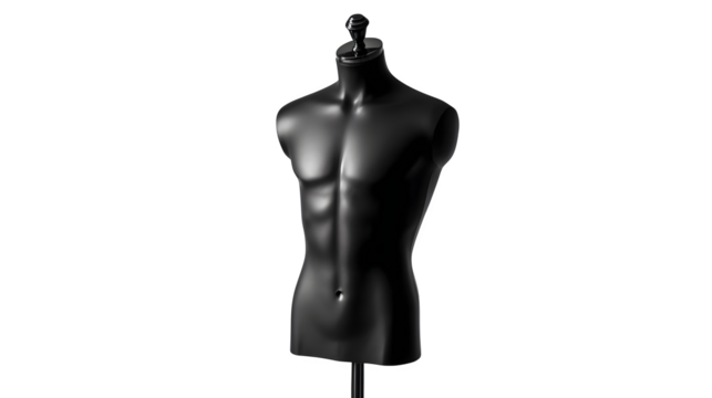 Male mannequin torso in matte black finish, realistic render on white