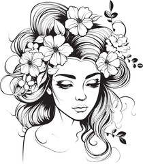 Woman Face with Graceful Flower Details Vector Black Logo Black Vector Logo Featuring Woman Face and Flower Accents