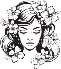 Feminine Portrait with Floral Decor in Vector Black Icon Woman Face with Stylized Flower Adornments Vector Logo