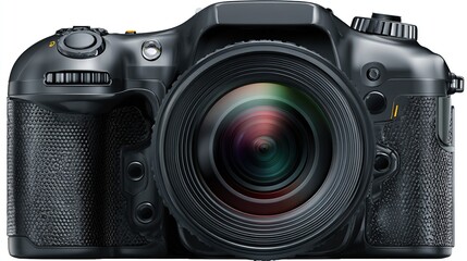 Close up of black camera featuring large lens and many controls