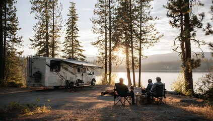 Family sitting around an RV at a lakeside campsite, enjoying the warm glow of sunset or sunrise