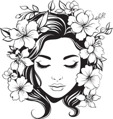 Black Vector Logo Featuring Woman Face with Botanical Trim Woman Face with Floral Embellishments Vector Black Icon