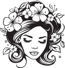 Feminine Face with Blossoming Petals Vector Black Design Woman Face Surrounded by Floral Border Vector Black Icon