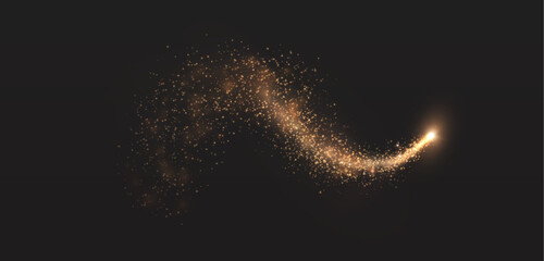 Golden sparkling trail with particles and bright glow on a dark background. Spectacular light trail for New Year's decor, magic scenes, fireworks, greeting designs and holiday effects. © MAKSYM