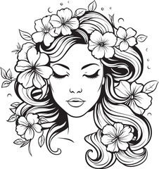 Artistic Woman Face with Flower Crown Vector Black Design Woman Face in Flower Garland Vector Black Logo Icon