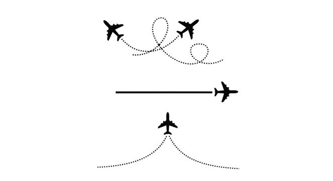 Vector illustration of illustration of three black airplane icons showing different flight paths and directions