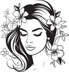 Woman Face and Botanical Accents Vector Black Icon Artistic Woman Face with Blossoming Flower Details Vector Logo